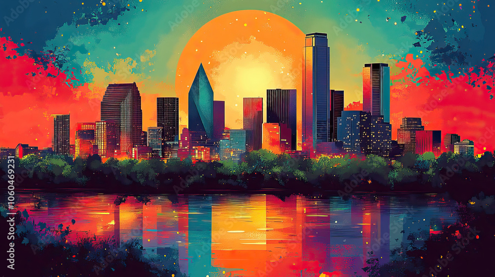 Fototapeta premium McKinney, USA, Pop Art style theme print. Cityscape, city skyline.Vibrant, bright, modern, trendy, graphic designed for poster, card, wallpaper