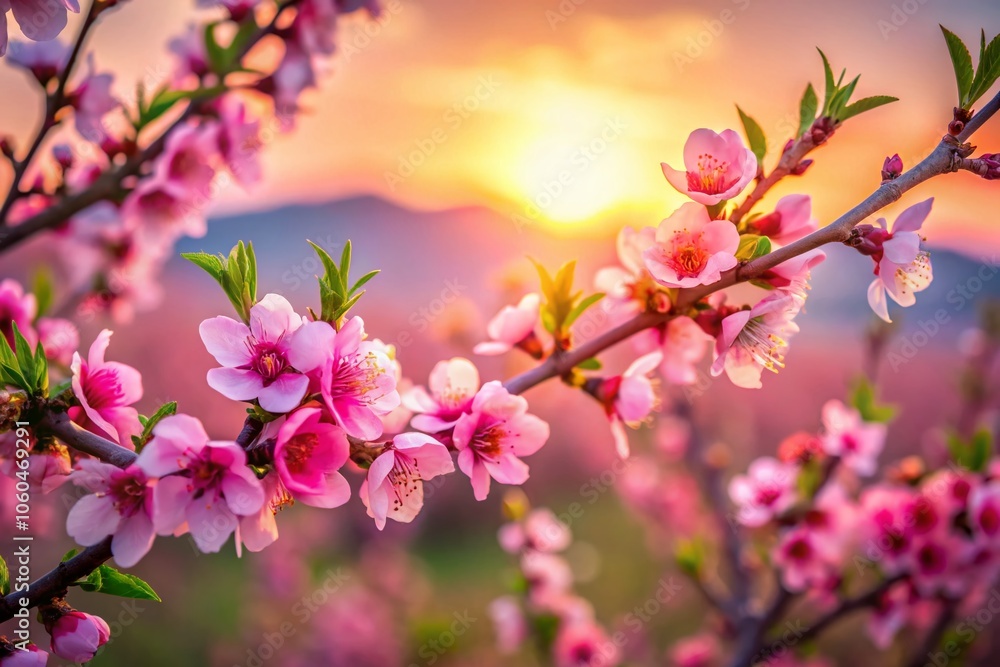 Obraz premium Closeup of Blooming Peach Branch in Greece - Stunning Pink Peach Flowers at Sunset, Spring Blossoms on Peach Tree, Nature's Beauty in Tilt-Shift Photography