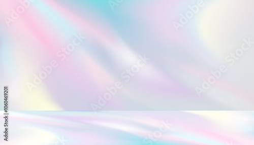 Background rainbow light refraction texture overlay on white wall for product present,3D Studio room and podium Display with drop diagonal holographic flare and shadow, prism light effect on floor