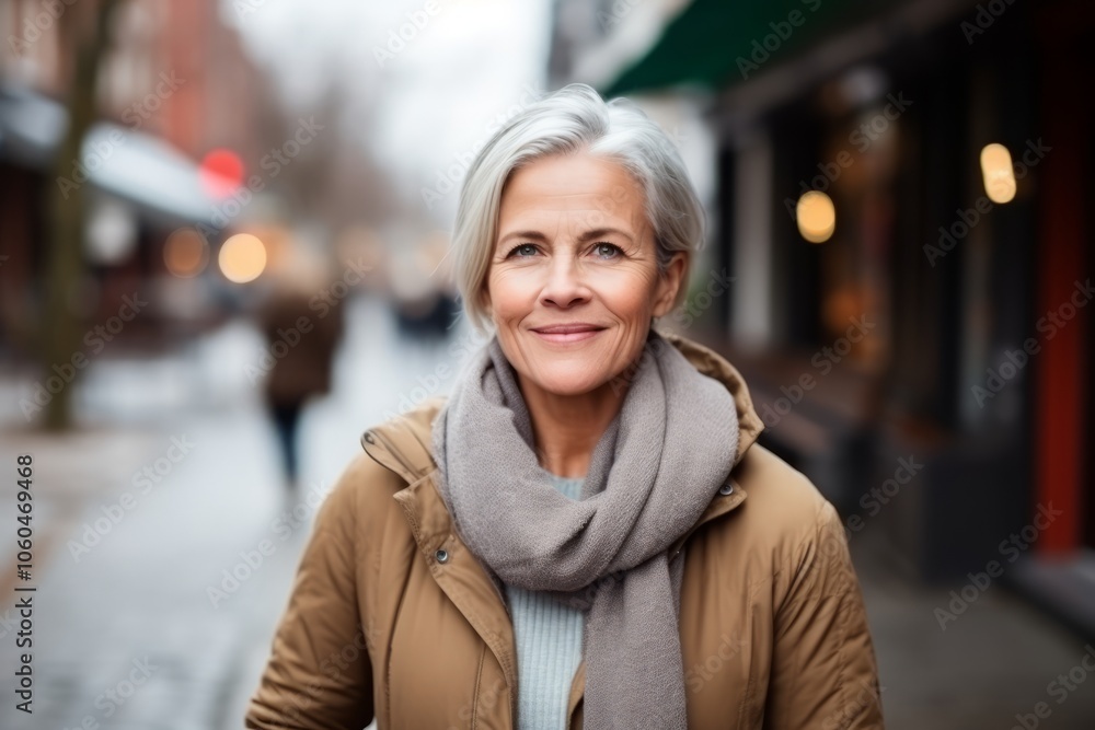 Portrait of a senior woman walking in the city at winter time Portrait of a senior woman walking in the city at winter time