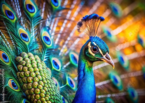 Closeup of Vibrant Peacock Feathers in Natural Sunlight with Iridescent Colors and Tilt-Shift Photography Effect