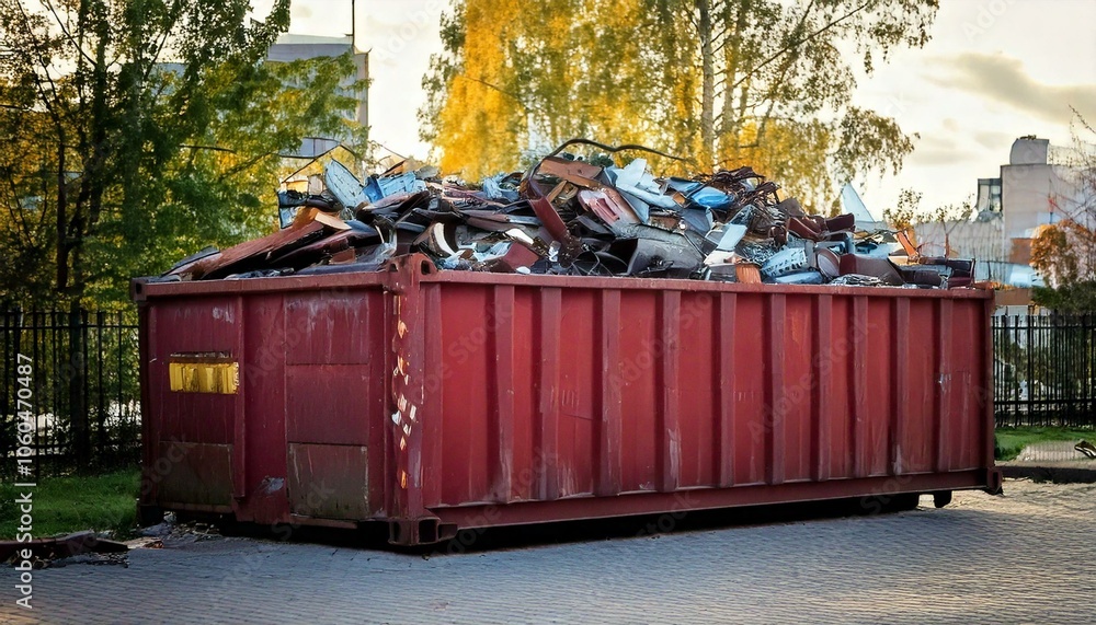Recycling containers with scrap metal on the street in the city