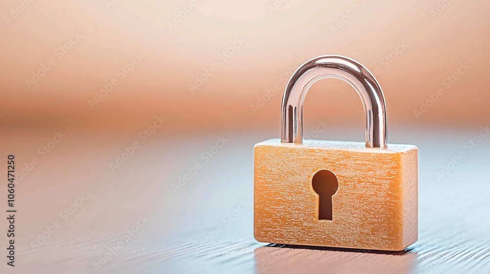 Fototapeta premium A close-up of a wooden padlock on a table, symbolizing security and protection with a soft, blurred background.