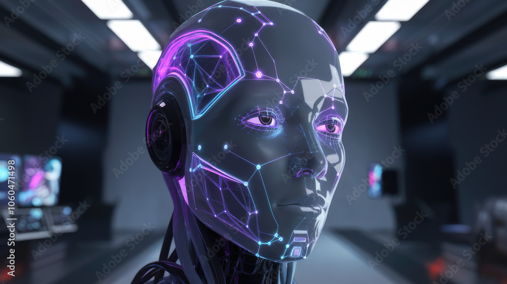 This futuristic humanoid robot has a sleek design with glowing circuitry patterns, showcasing advanced technology in a modern, high-tech environment. This futuristic humanoid robot has a sleek design with glowing circuitry patterns, showcasing advanced technology in a modern, high-tech environment.