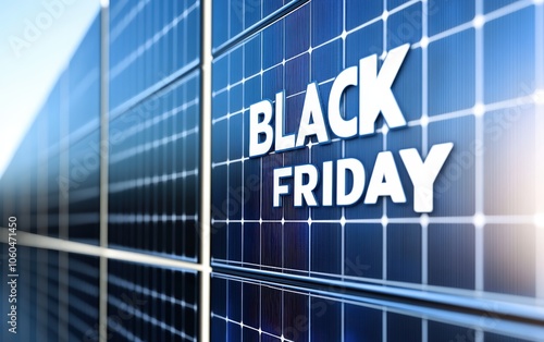 "BLACK FRIDAY" with sleek solar panels, showcasing sustainability and energy savings, isolated on white for a clean, modern appearance 