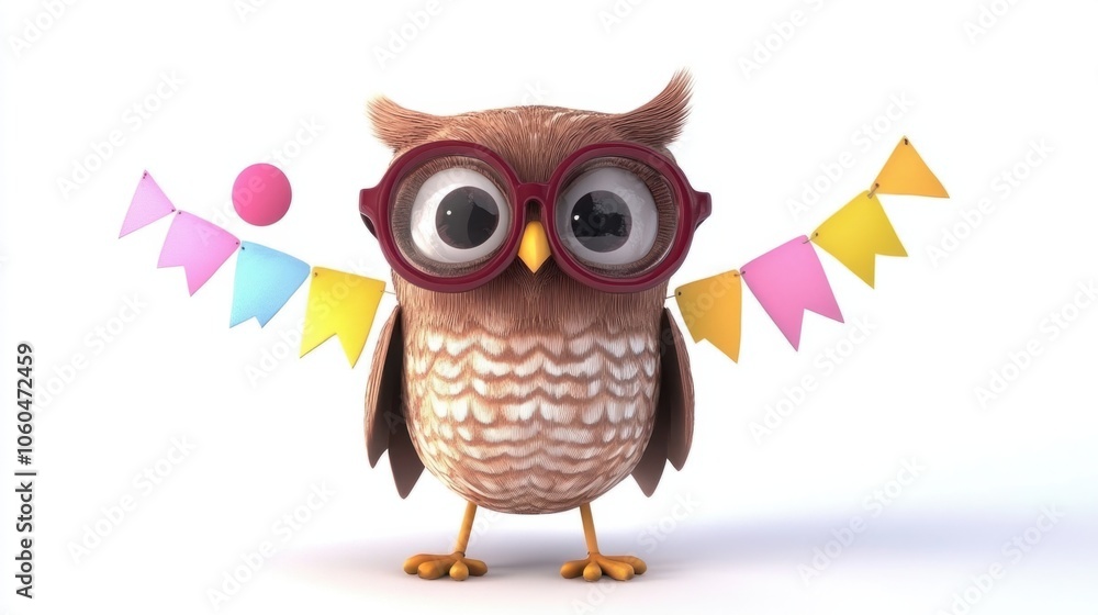Fototapeta premium Festive cartoon owl in '2025' party glasses and a celebratory banner on white