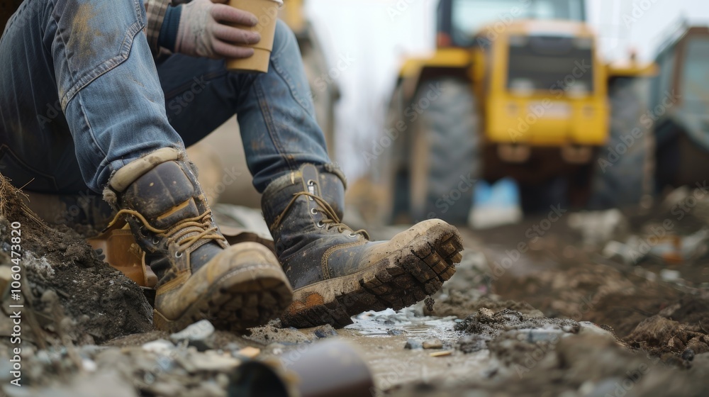 A worker sitting on the edge of a construction site surrounded by machinery taking a moment to drink their coffee. A worker sitting on the edge of a construction site surrounded by machinery taking a moment to drink their coffee.