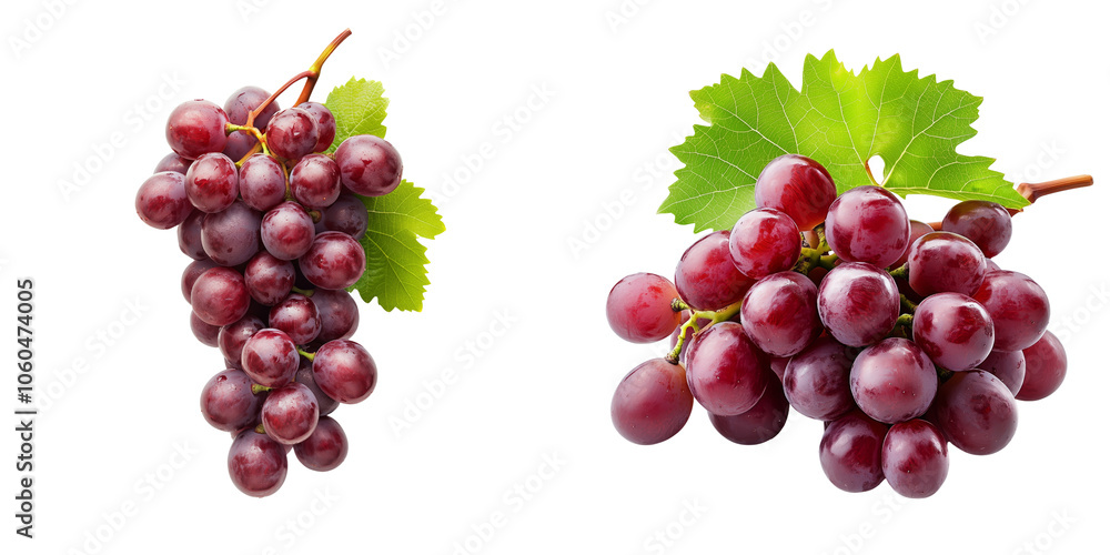 Obraz premium set of Fresh red grapes with green leaves on a transparent background