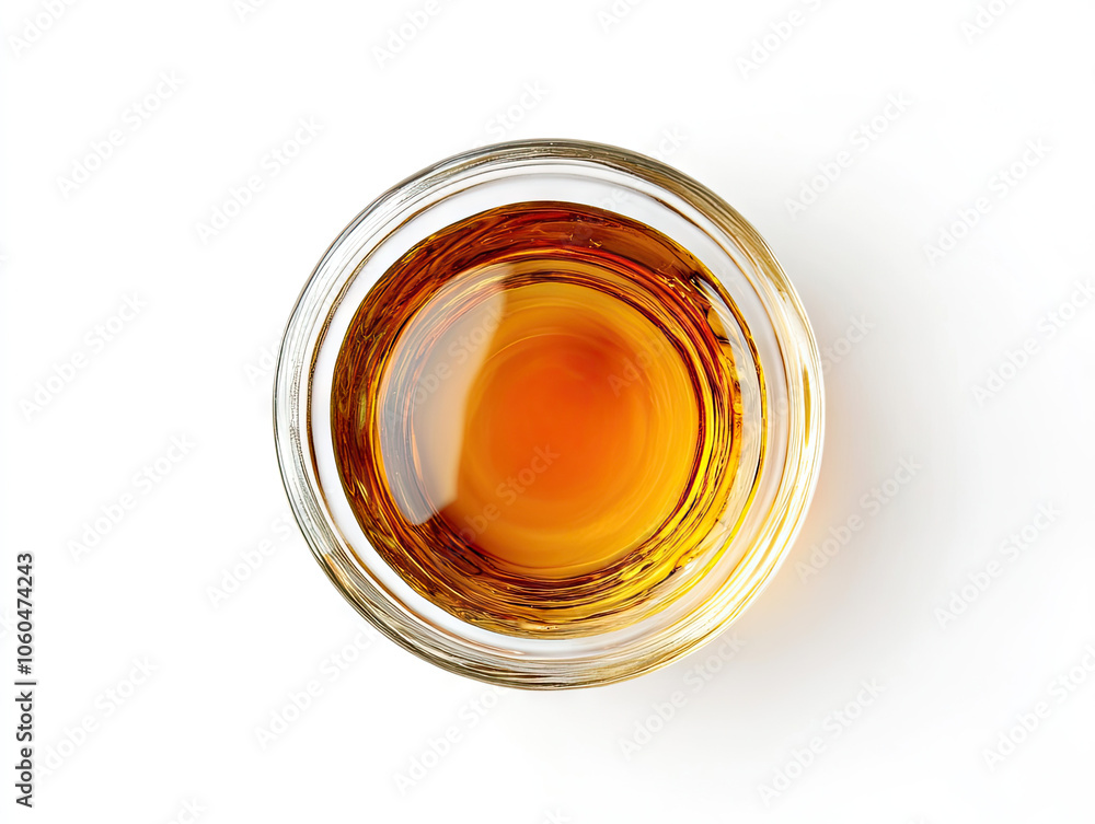 Overhead photograph of organic maple syrup in a glass Overhead photograph of organic maple syrup in a glass