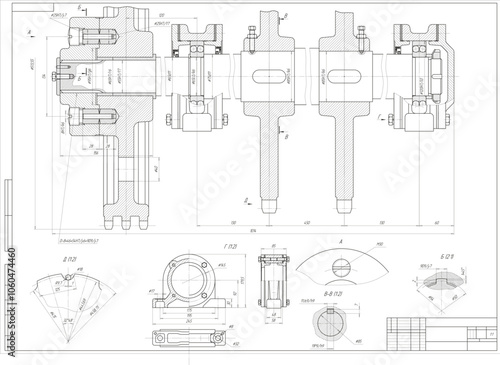 Assembly drawing of wheel, shaft of electrical reducer. Vector design of steel mechanical device with dimension lines. Engineering technic computer cad scheme on paper sheet. Hand drawn pencil sketch.