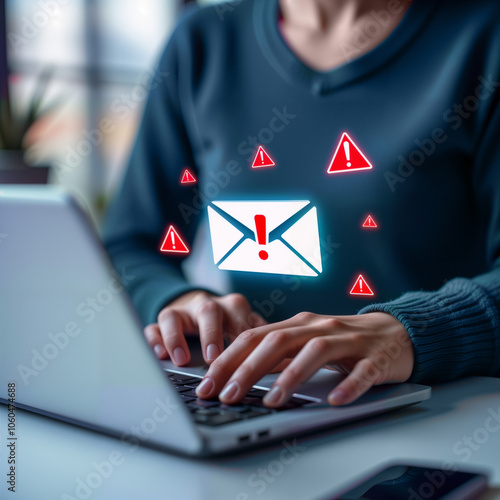 A concerned individual types on a laptop, with warning icons indicating potential virus threats from emails. For cybersecurity articles, online safety campaigns, and tech awareness resources photo