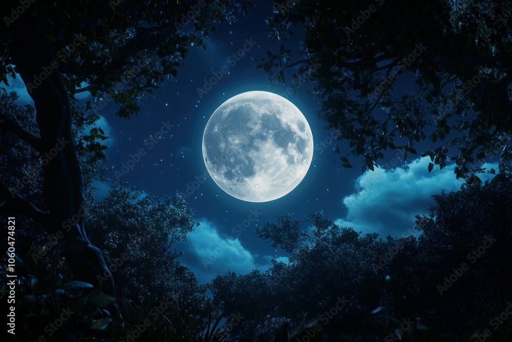 Night Sky with Bright Full Moon and Dark Forest Night Sky with Bright Full Moon and Dark Forest