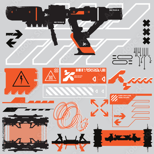 cyberpunk y2k 2000s gaming futuristic icon pattern  set collection template hud for branding fashion t-shirt decoration decals, 2d illustration rendering vector 