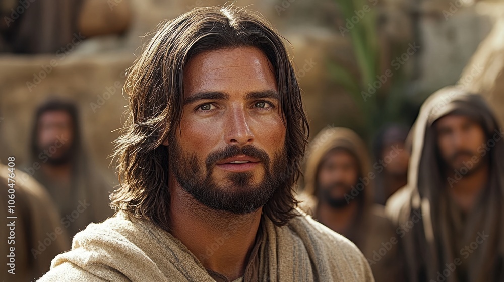 Obraz premium A serene moment capturing a thoughtful Jesus with long hair, surrounded by people in ancient attire in a warm desert setting
