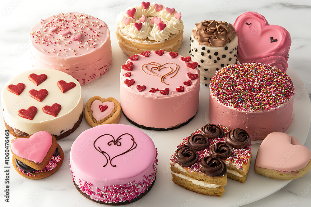 The image showcases an assortment of festive cakes and cookies, each decorated with hearts and romantic inscriptions The image showcases an assortment of festive cakes and cookies, each decorated with hearts and romantic inscriptions