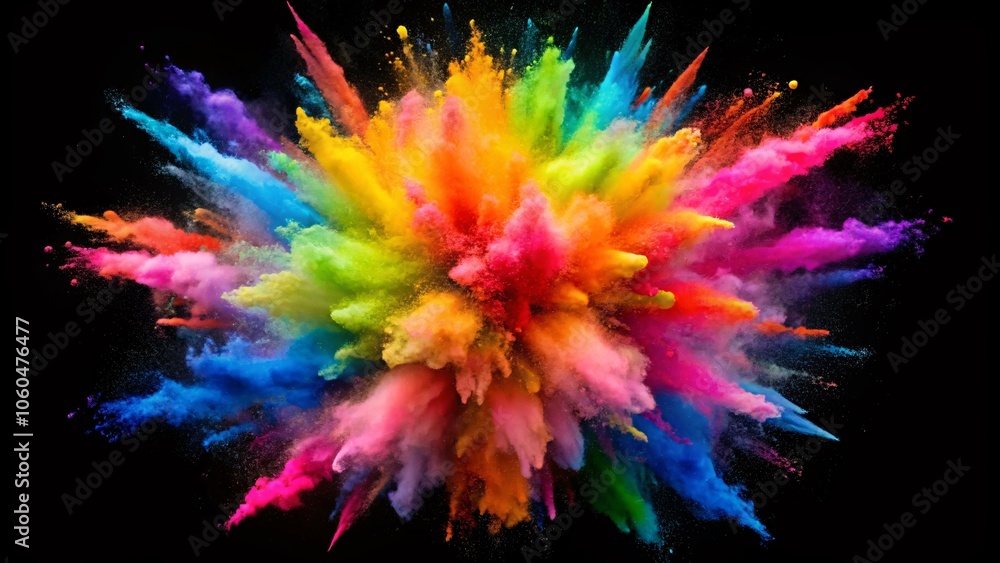 A vibrant explosion of colorful powder painted against a black A vibrant explosion of colorful powder painted against a black