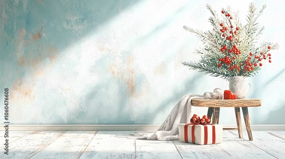 A serene corner with a rustic table, a bouquet of flowers, and a gift surrounded by soft lighting. A serene corner with a rustic table, a bouquet of flowers, and a gift surrounded by soft lighting.
