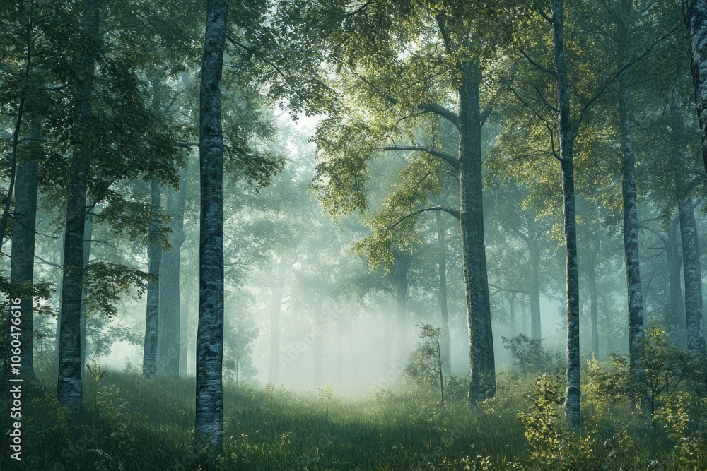 Mystical Forest with Soft Fog and Lush Greenery Mystical Forest with Soft Fog and Lush Greenery