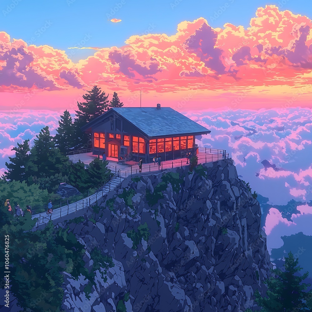 Fototapeta premium Mountaintop Cabin with Stunning Pink Sunset Clouds.