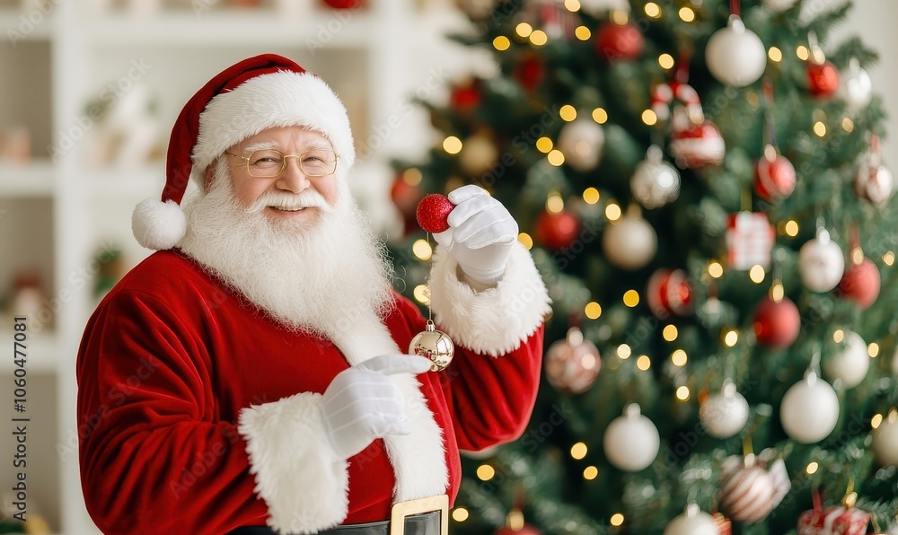 Santa Claus decorating the Christmas tree Santa Claus decorating the Christmas tree