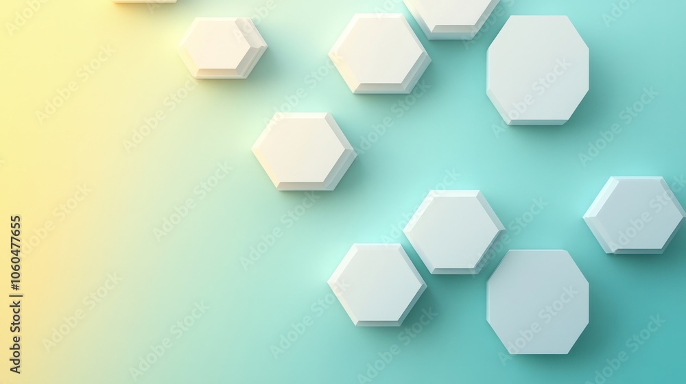 A minimalist design showcasing a series of white hexagons set against a gradient background of light teal and pale yellow A minimalist design showcasing a series of white hexagons set against a gradient background of light teal and pale yellow