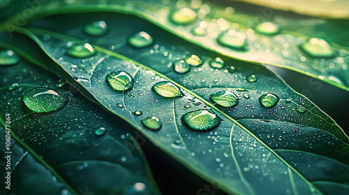 Water droplets forming on vibrant green leaf after rain