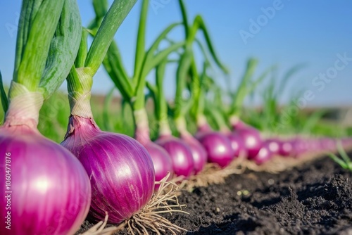 Fresh Purple Onions Growing on onion farm in neat rows. Sunny Field. Onion plants in nutrient rich ground, healthy soil. Blue sky. Allium. Agricultural life. Organic food in the garden. Fertilizer photo