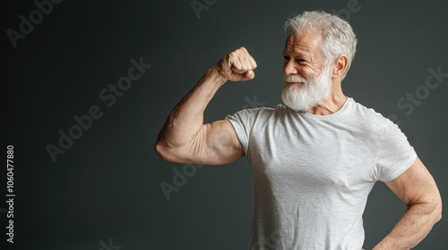 A fit senior man flexes his bicep, showcasing strength and vitality, emphasizing health and fitness at an older age against a neutral background.