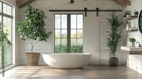 A serene and modern bathroom oasis featuring a freestanding tub, large windows, and lush greenery in natural light