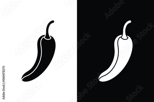 Spicy chili hot silhouette icon illustration on white and black background.