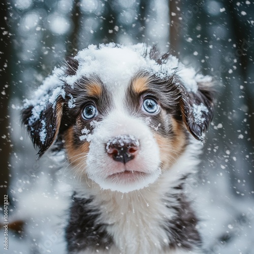 Close-up of a curious puppy with snow on its nose, standing in a quiet, snowy forest, embodying innocence and playfulness in nature photo