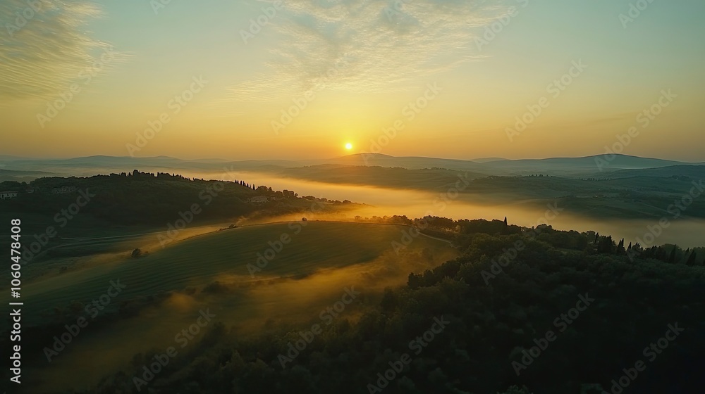 Tuscany landscape at sunrise with low fog Tuscany landscape at sunrise with low fog