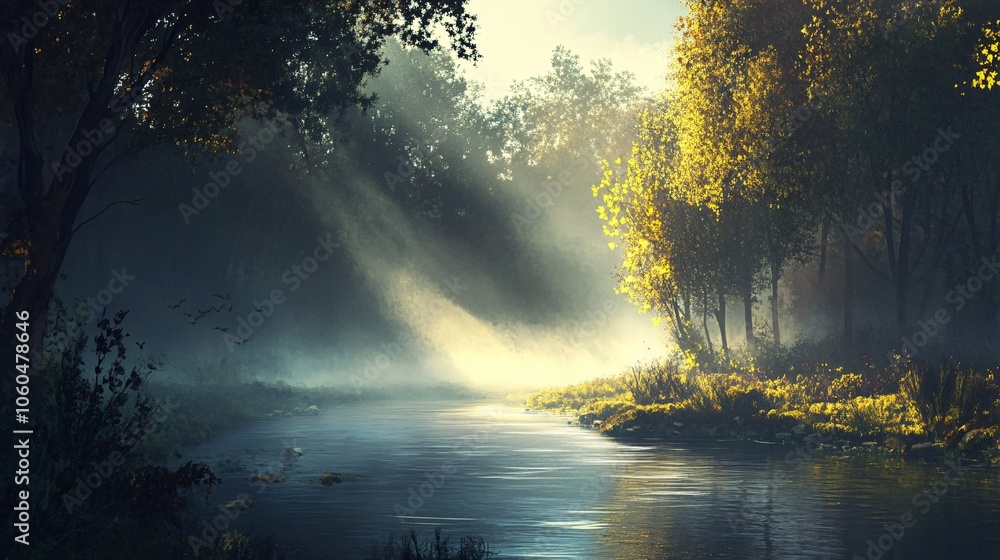Serene River in a Misty Forest at Sunrise Serene River in a Misty Forest at Sunrise