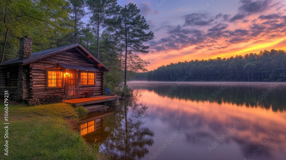 Obraz premium A tranquil evening by the lake with a cozy log cabin reflecting the vibrant sunset in the serene waters of a secluded woodland retreat