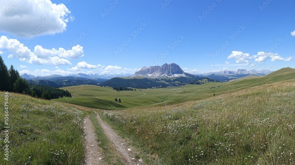 View of the Seiser Alm (Alpe di Siusi in Italian), one of the biggest alpine meadows on the Dolomites, with the Sassolungo and Sassopiatto peaks on the background View of the Seiser Alm (Alpe di Siusi in Italian), one of the biggest alpine meadows on the Dolomites, with the Sassolungo and Sassopiatto peaks on the background