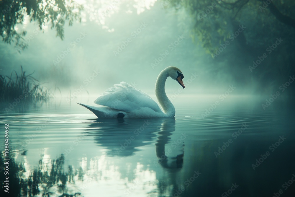 Serene Swan Gliding Through Misty Waters Serene Swan Gliding Through Misty Waters