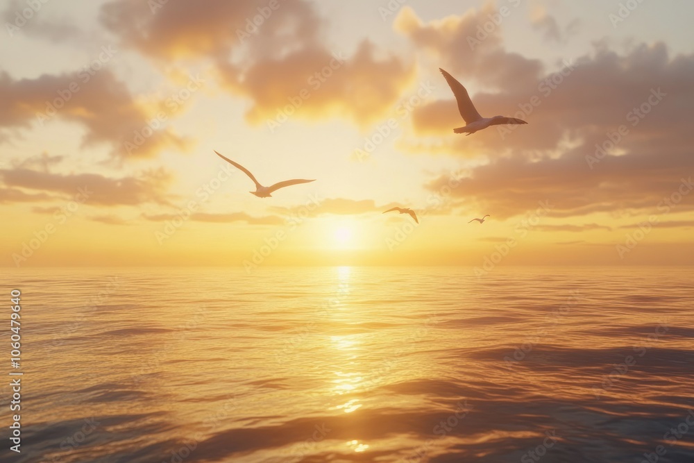 Fototapeta premium Serene Sunset Over Calm Ocean Waters with Birds