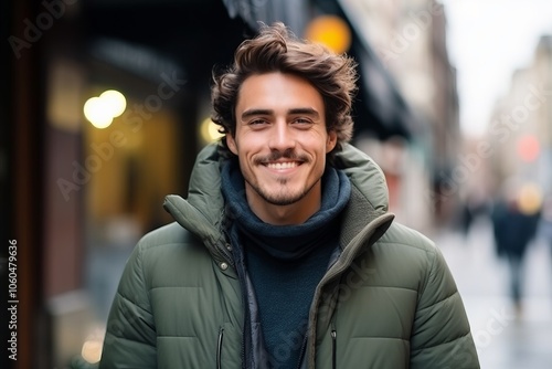 Portrait of a handsome young man smiling in the city street.