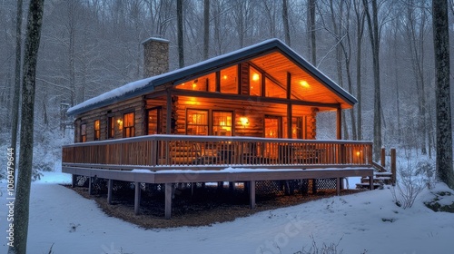 A cozy log cabin surrounded by snowy trees during twilight, inviting warmth and serenity of winter evenings