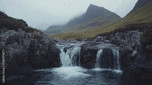 Waterfall in the Fairy Pools, Glen Brittle, Isle of Skye, Scotland, UK. On a gray day in the fall you see the water flowing along the rocks with in the background the famous mountain with the crack in