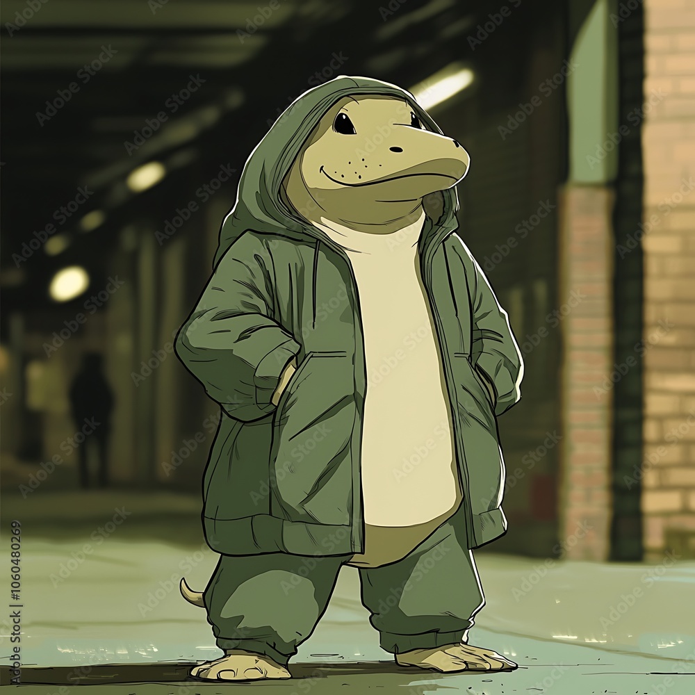 A lizard wearing a hoodie, standing in an alleyway, looks confident and cool. A lizard wearing a hoodie, standing in an alleyway, looks confident and cool.