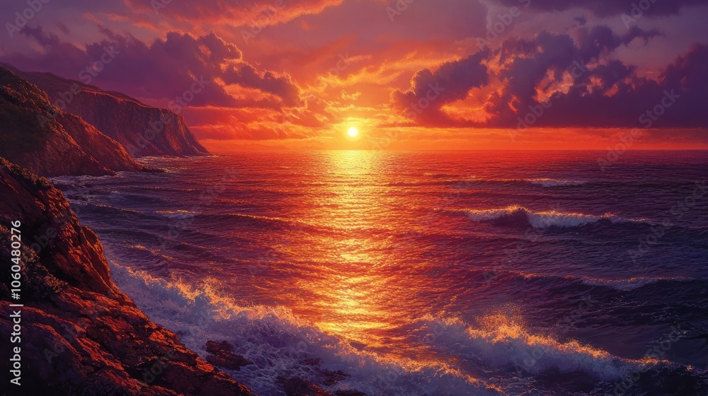 A stunning sunset over the ocean showcases a kaleidoscope of colors, with deep oranges and fiery reds blending into soft purples. A stunning sunset over the ocean showcases a kaleidoscope of colors, with deep oranges and fiery reds blending into soft purples.
