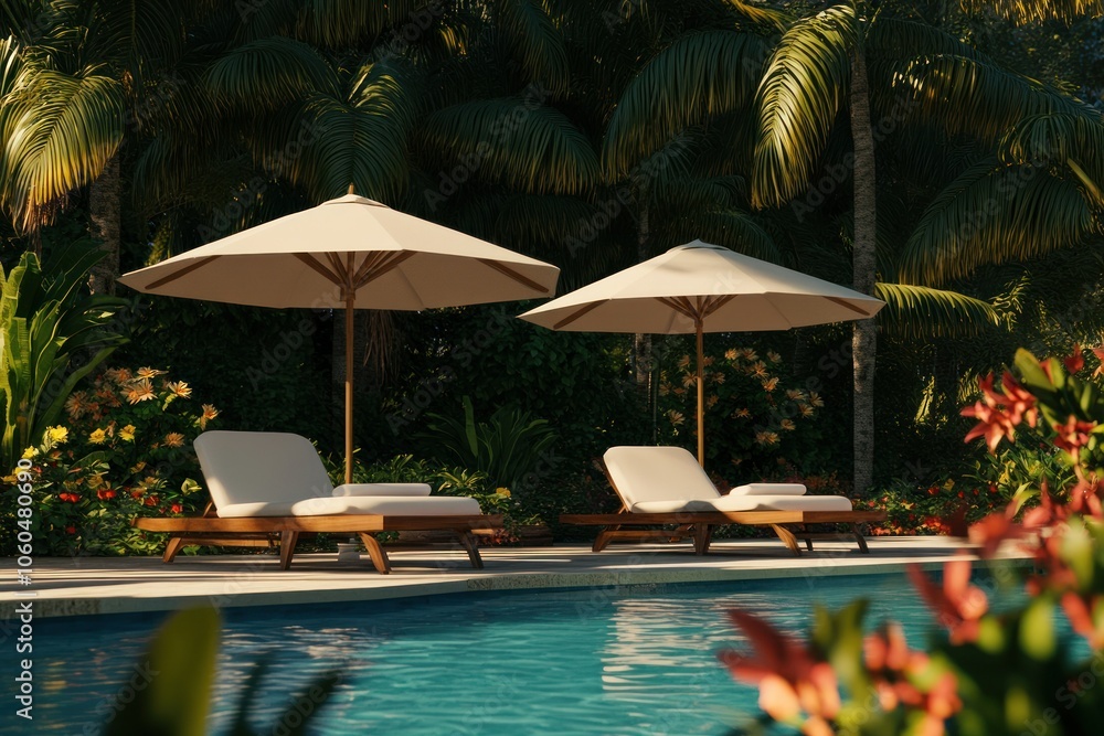 Relaxing Poolside Lounge with Palm Trees and Umbrellas Relaxing Poolside Lounge with Palm Trees and Umbrellas