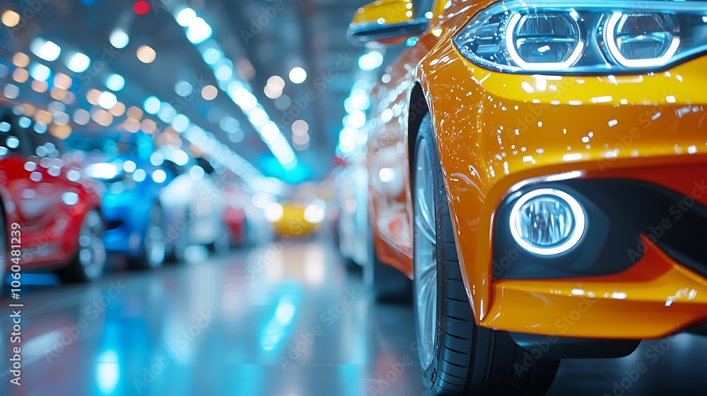 A vibrant orange car displayed in a modern showroom, showcasing brilliant design and technology. The blurred background emphasizes the car's sleek features and shiny wheels. A vibrant orange car displayed in a modern showroom, showcasing brilliant design and technology. The blurred background emphasizes the car's sleek features and shiny wheels.