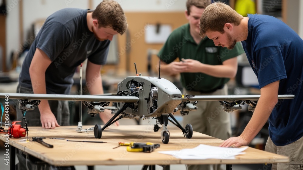 Students assembling a drone in a workshop setting Students assembling a drone in a workshop setting