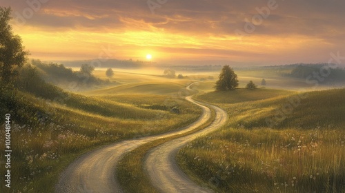 Winding Farm Road through Foggy Landscape - fields, meadow, sun during sunrise 