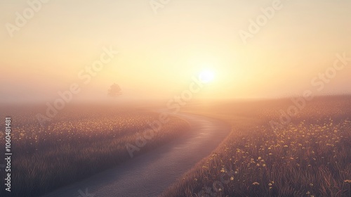 Wallpaper Mural Winding Farm Road through Foggy Landscape - fields, meadow, sun during sunrise  Torontodigital.ca