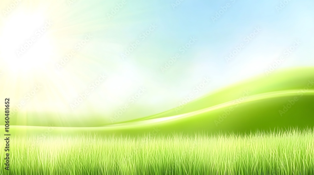 Obraz premium Green Grass Field with Blue Sky Blank Background with Copy Space for Design Projects