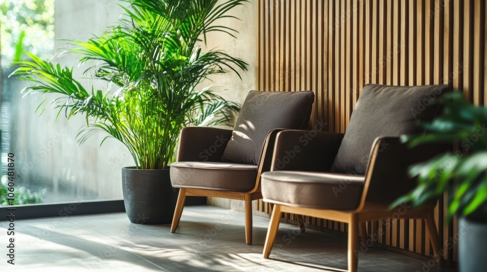 Cozy modern seating area with indoor plants and natural light Cozy modern seating area with indoor plants and natural light