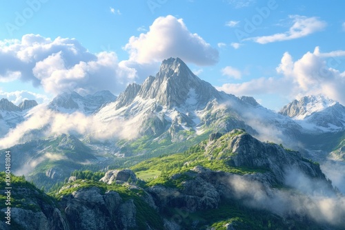 Serene Mountain Landscape under Blue Sky and Clouds